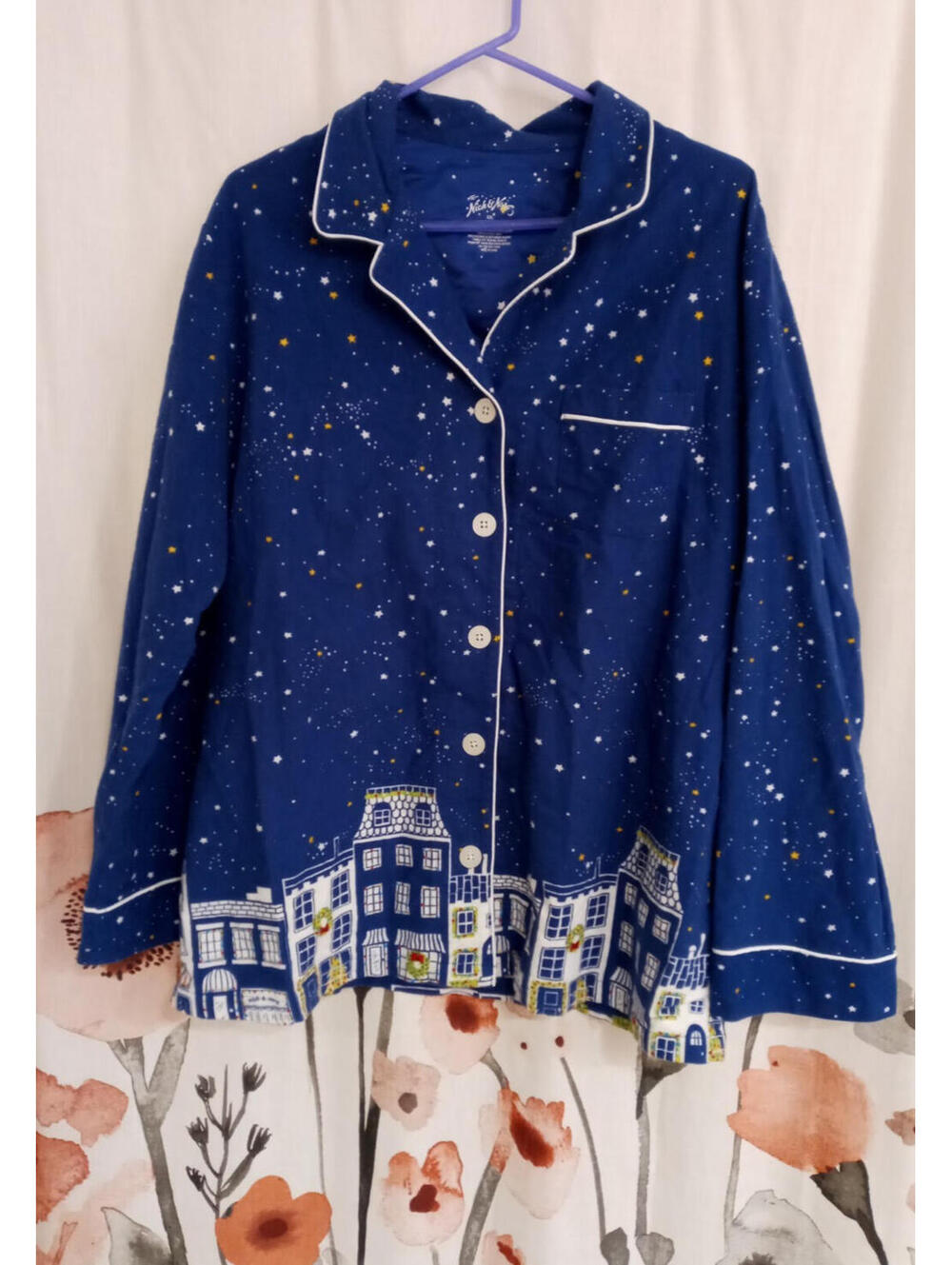 Nick & Nora womens Christmas starry night blue flannel pajama TOP ONLY size XXL